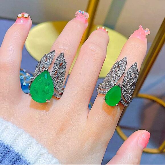 SILVER EMERALD GREEN ANGEL WING RHINESTONE RESIZABLE RING SET - Picture 5 of 6